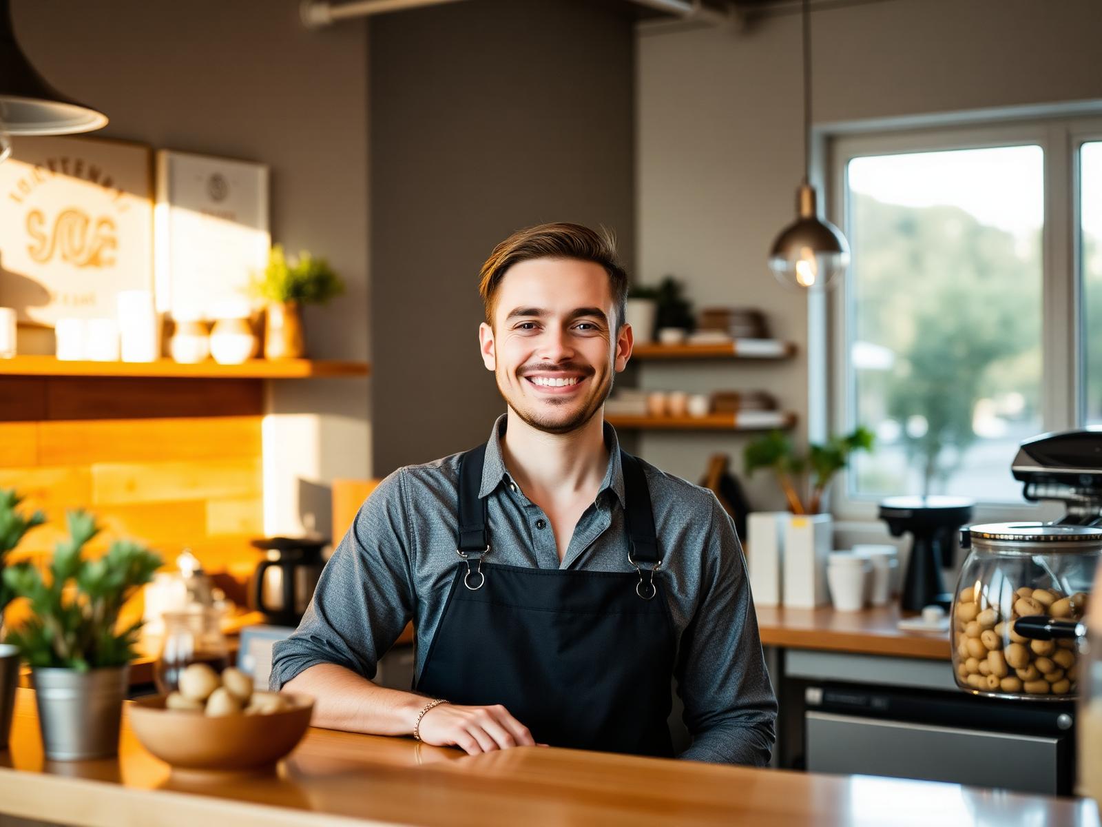 Small business owner welcoming customers at a modern café counter